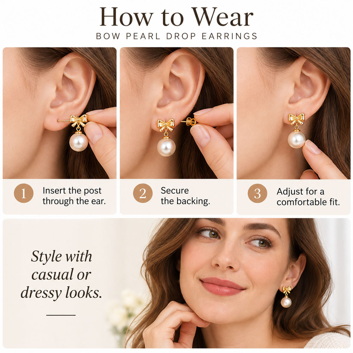 Awabeta® Gold‑Tone Bow Faux Pearl Drop Stud Earrings