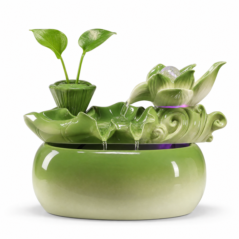 Zen Lotus Ceramic Tabletop Water Fountain - LED Light & Plant Holder | Indoor Feng Shui Decor