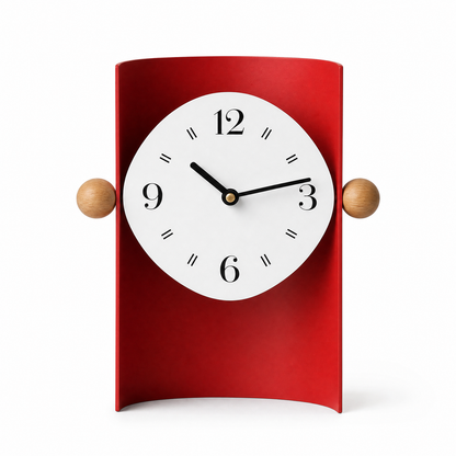 Modern Curved Metal Desk Clock with Wooden Accents - Red Minimalist Tabletop Timepiece
