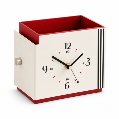 Retro Bauhaus Desk Clock with Storage Organizer Box - Red & Cream Vintage Style Desktop Timepiece with Pen Holder