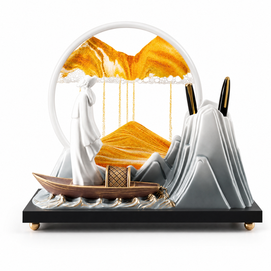 Zen Dynamic Moving Sand Art Tabletop Decor - Golden Mountain Landscape with Integrated Pen Holder & Figurines