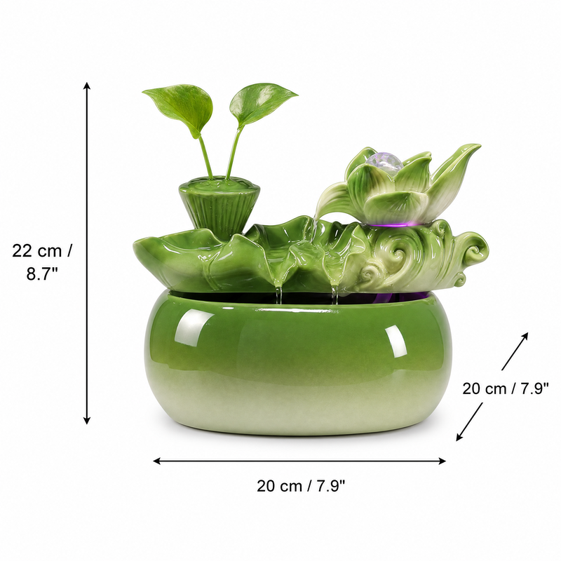 Zen Lotus Ceramic Tabletop Water Fountain - LED Light & Plant Holder | Indoor Feng Shui Decor