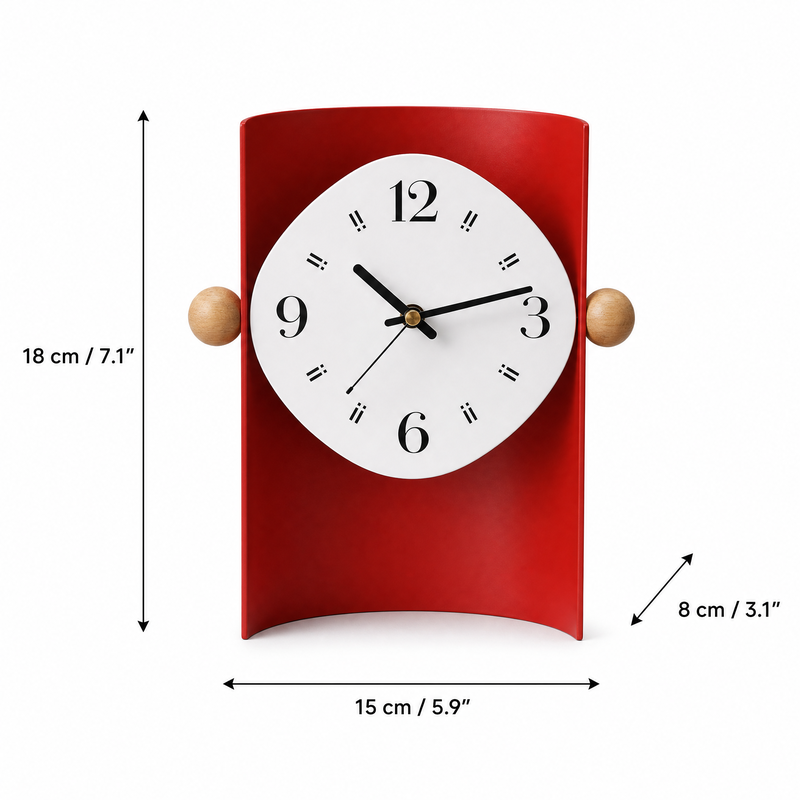 Modern Curved Metal Desk Clock with Wooden Accents - Red Minimalist Tabletop Timepiece