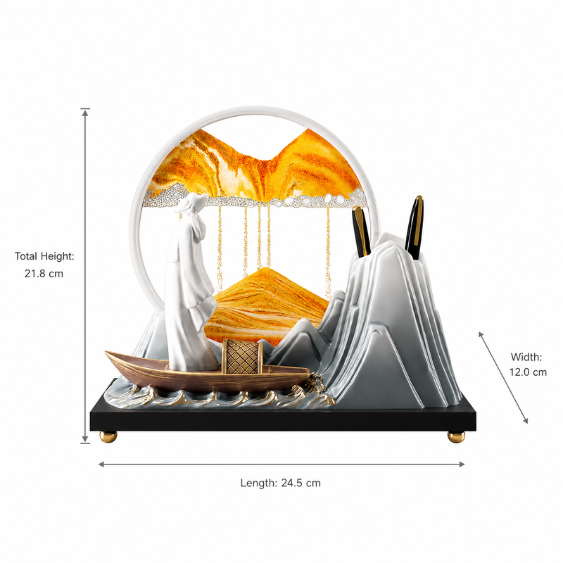 Zen Dynamic Moving Sand Art Tabletop Decor - Golden Mountain Landscape with Integrated Pen Holder & Figurines