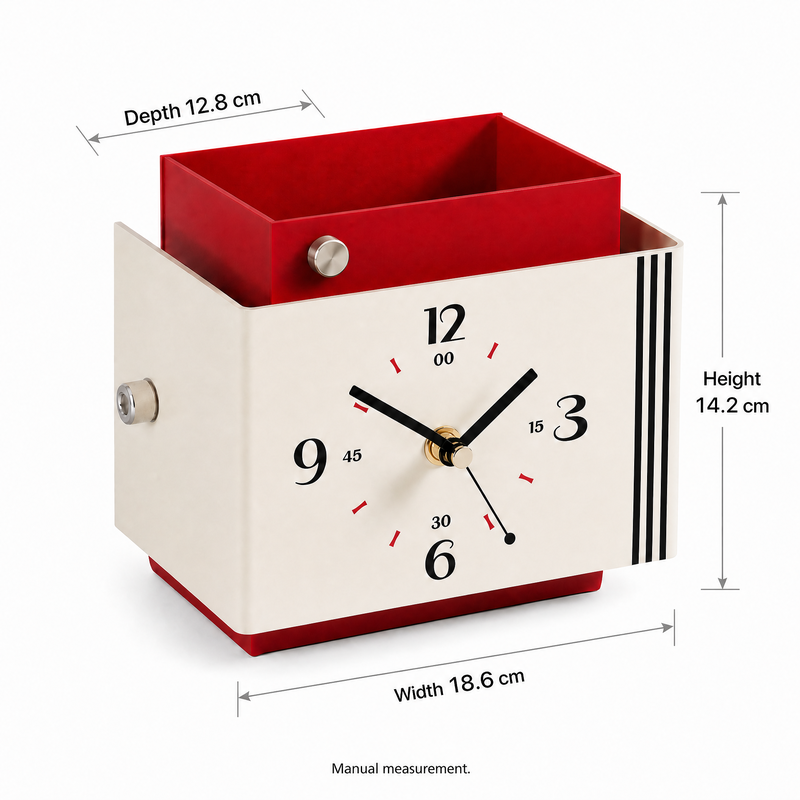 Retro Bauhaus Desk Clock with Storage Organizer Box - Red & Cream Vintage Style Desktop Timepiece with Pen Holder