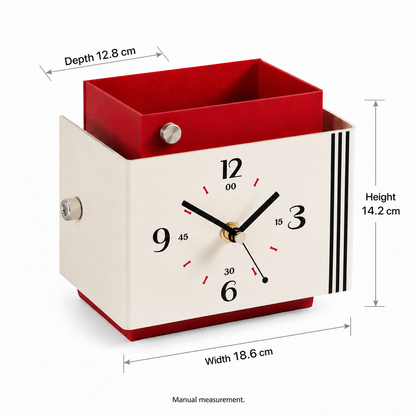 Retro Bauhaus Desk Clock with Storage Organizer Box - Red & Cream Vintage Style Desktop Timepiece with Pen Holder