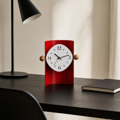 Modern Curved Metal Desk Clock with Wooden Accents - Red Minimalist Tabletop Timepiece