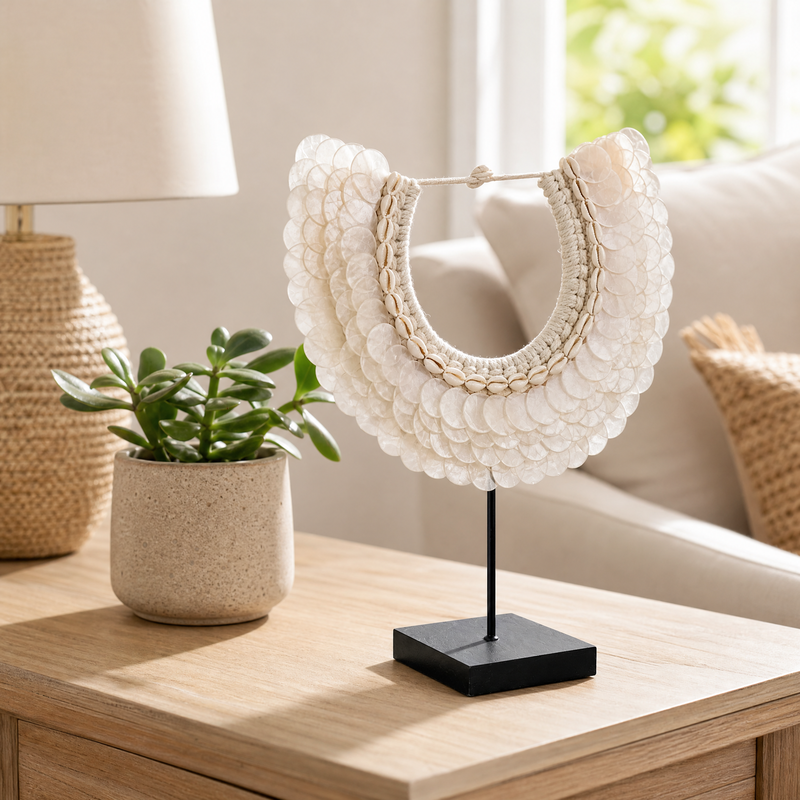 Artisan-Crafted Papuan Shell Collar Sculpture - Coastal Luxe Home Accent on Stand