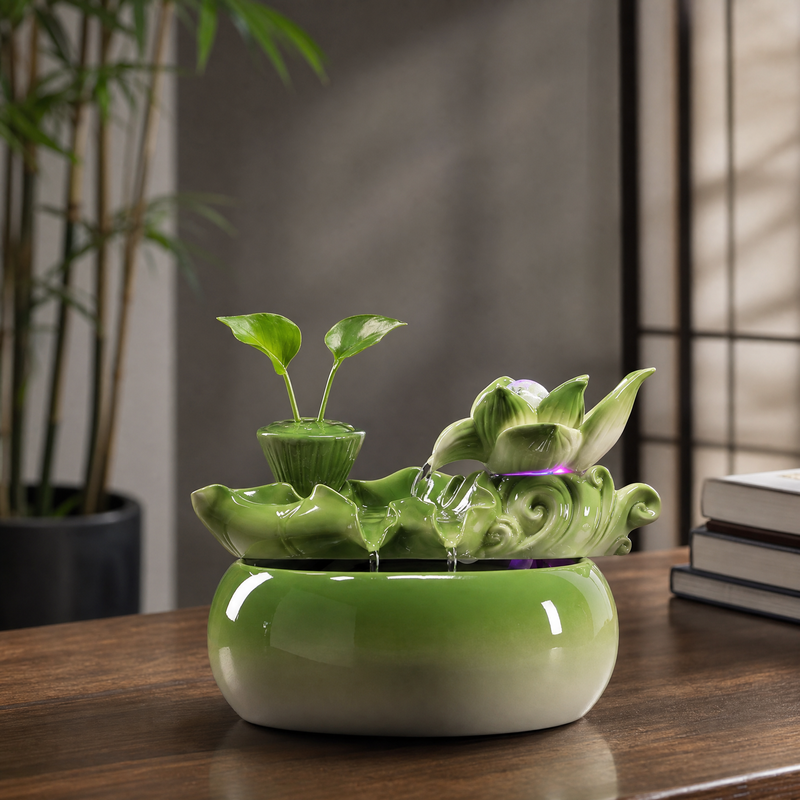 Zen Lotus Ceramic Tabletop Water Fountain - LED Light & Plant Holder | Indoor Feng Shui Decor