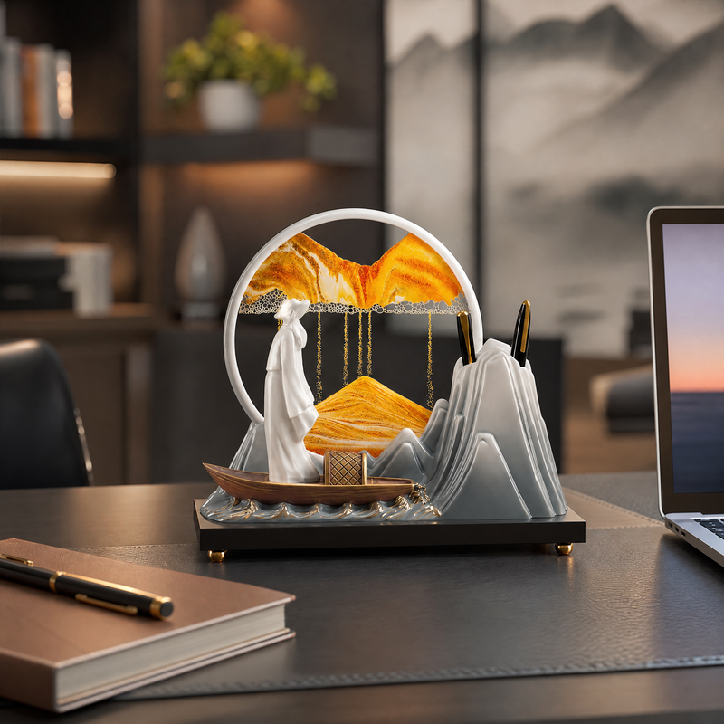 Zen Dynamic Moving Sand Art Tabletop Decor - Golden Mountain Landscape with Integrated Pen Holder & Figurines