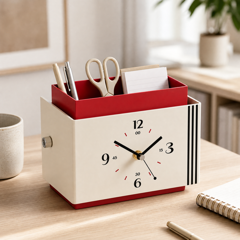 Retro Bauhaus Desk Clock with Storage Organizer Box - Red & Cream Vintage Style Desktop Timepiece with Pen Holder
