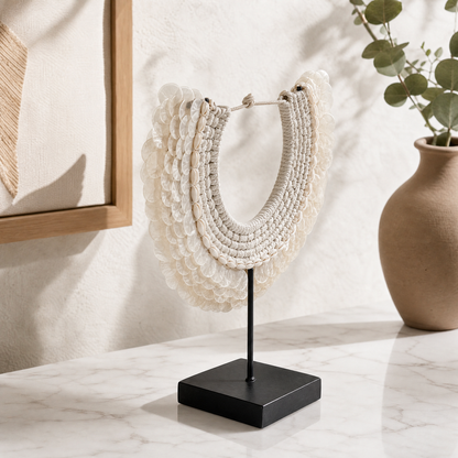 Artisan-Crafted Papuan Shell Collar Sculpture - Coastal Luxe Home Accent on Stand