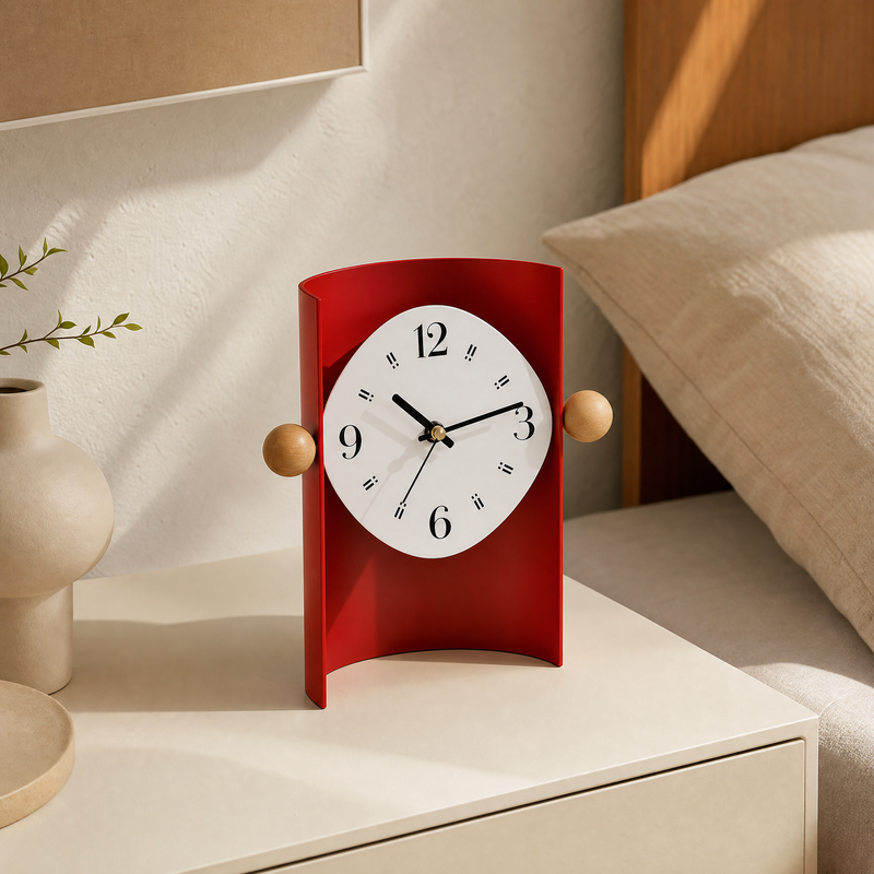 Modern Curved Metal Desk Clock with Wooden Accents - Red Minimalist Tabletop Timepiece