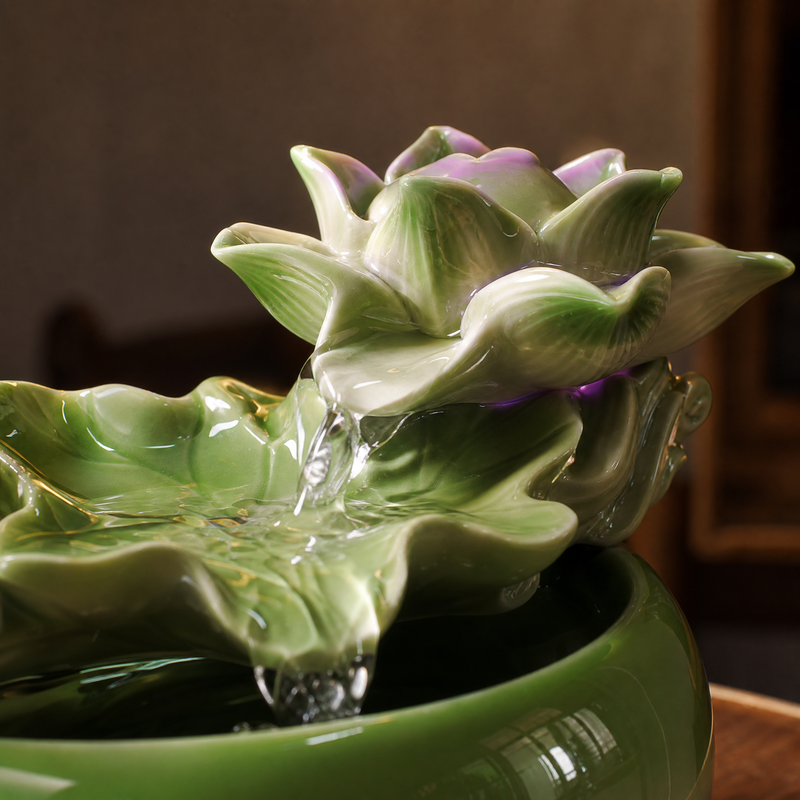 Zen Lotus Ceramic Tabletop Water Fountain - LED Light & Plant Holder | Indoor Feng Shui Decor