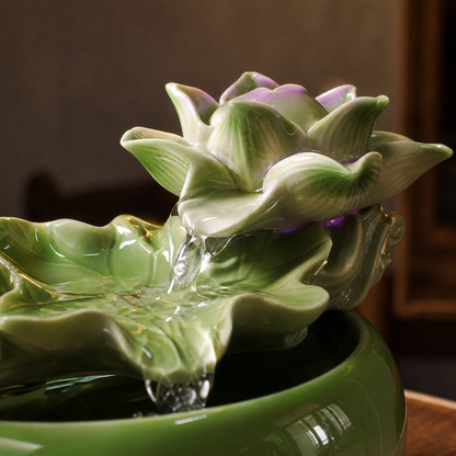 Zen Lotus Ceramic Tabletop Water Fountain - LED Light & Plant Holder | Indoor Feng Shui Decor