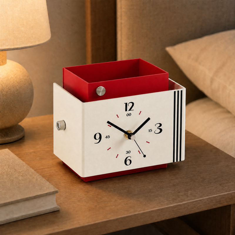 Retro Bauhaus Desk Clock with Storage Organizer Box - Red & Cream Vintage Style Desktop Timepiece with Pen Holder