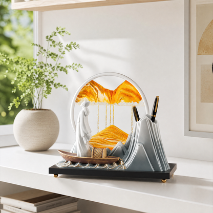 Zen Dynamic Moving Sand Art Tabletop Decor - Golden Mountain Landscape with Integrated Pen Holder & Figurines