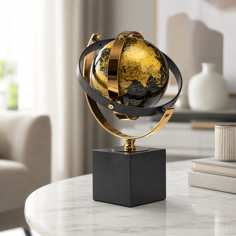 Luxury Black & Gold Rotating Desktop Globe | Modern Elegant Desk Decor | Office, Study & Living Room Accent