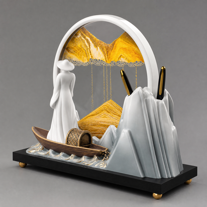 Zen Dynamic Moving Sand Art Tabletop Decor - Golden Mountain Landscape with Integrated Pen Holder & Figurines