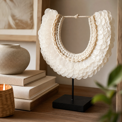 Artisan-Crafted Papuan Shell Collar Sculpture - Coastal Luxe Home Accent on Stand