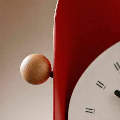 Modern Curved Metal Desk Clock with Wooden Accents - Red Minimalist Tabletop Timepiece