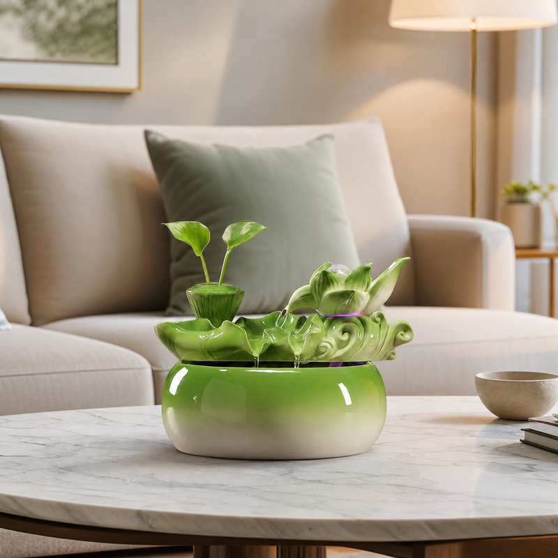 Zen Lotus Ceramic Tabletop Water Fountain - LED Light & Plant Holder | Indoor Feng Shui Decor