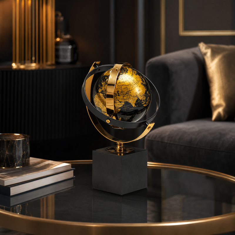 Luxury Black & Gold Rotating Desktop Globe | Modern Elegant Desk Decor | Office, Study & Living Room Accent
