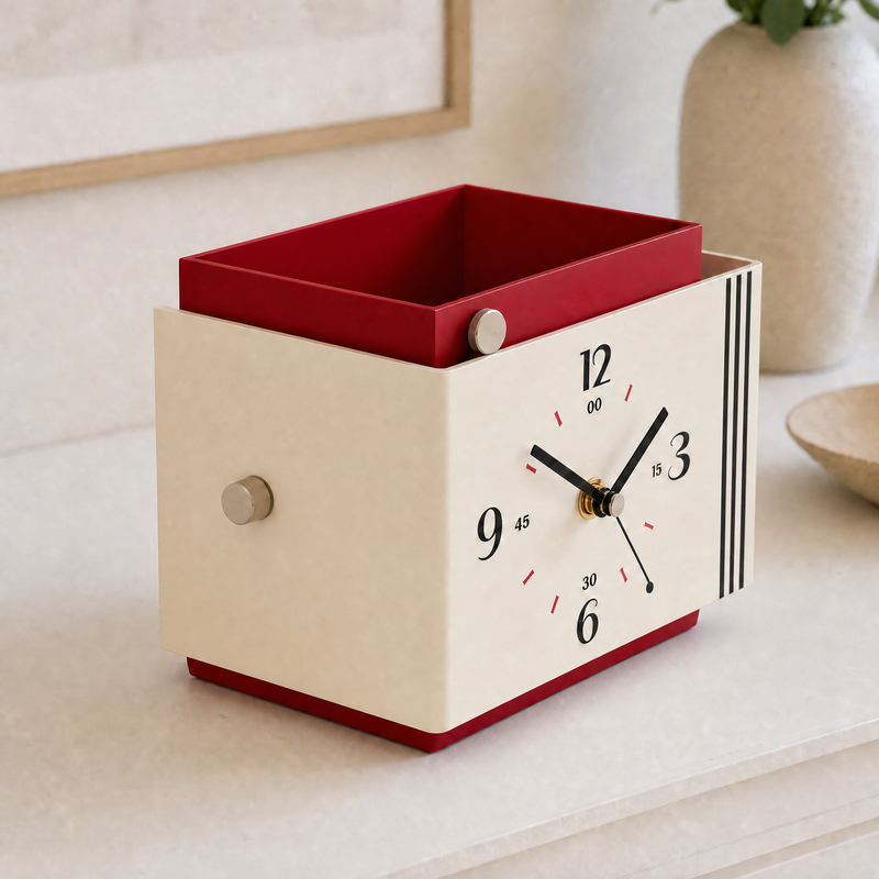 Retro Bauhaus Desk Clock with Storage Organizer Box - Red & Cream Vintage Style Desktop Timepiece with Pen Holder