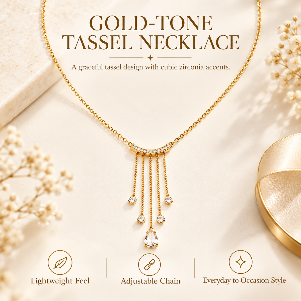 Awabeta® Gold-Toned Zirconia Tassel Pendant Necklace