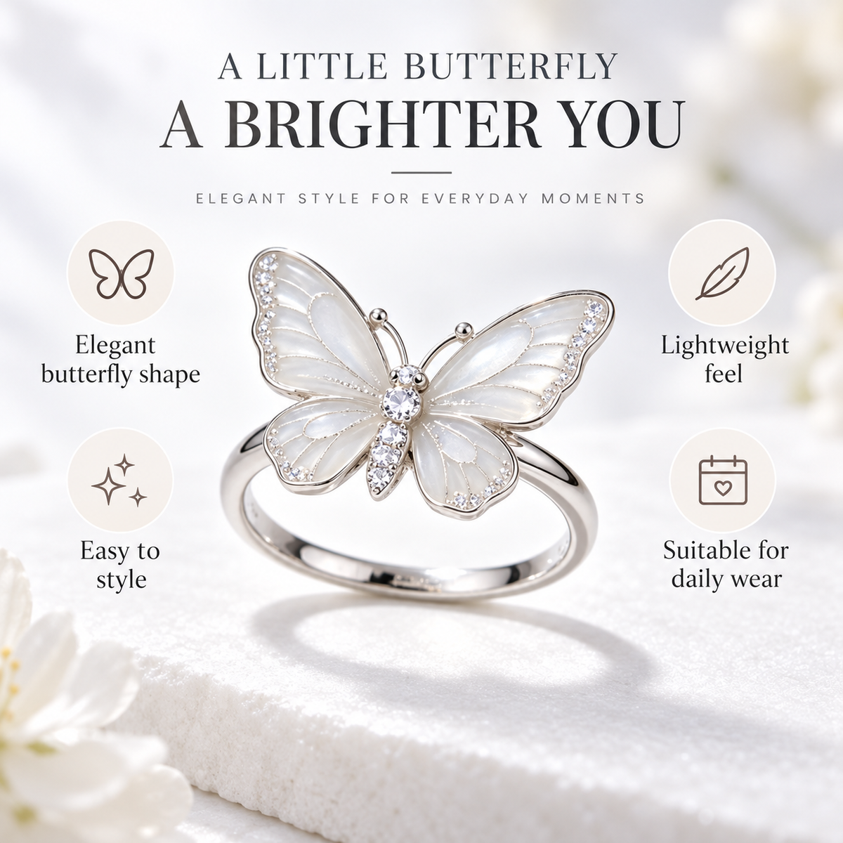 Awabeta®  Silver-Toned Translucent Enamel Butterfly Women's Ring