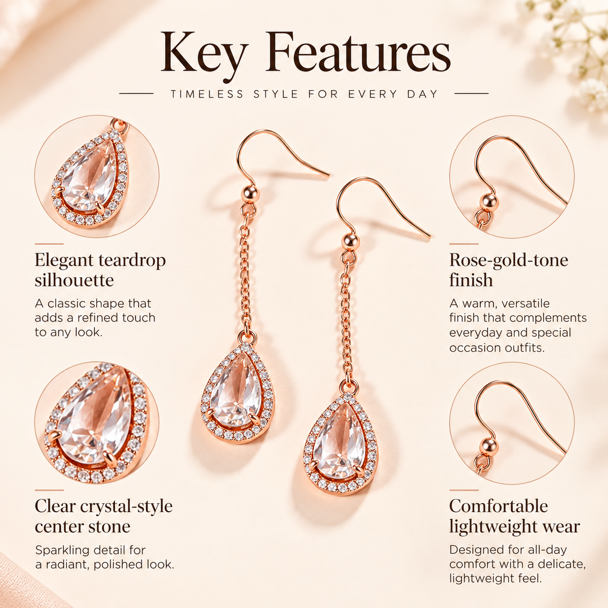 Awabeta® Rose-Gold-Tone Teardrop Crystal Drop Earrings