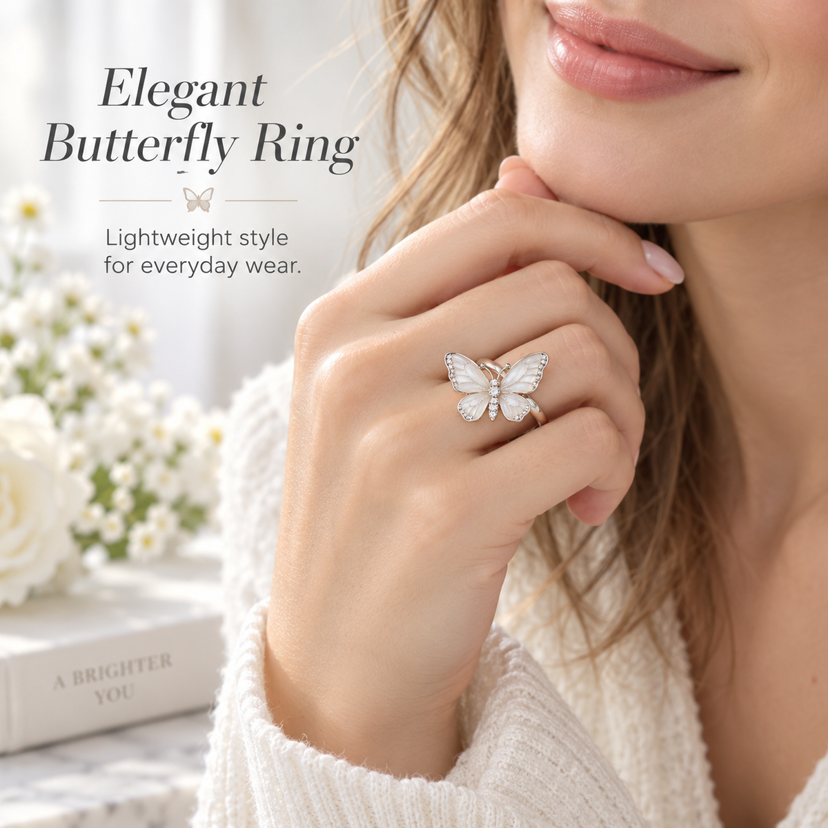 Awabeta®  Silver-Toned Translucent Enamel Butterfly Women's Ring