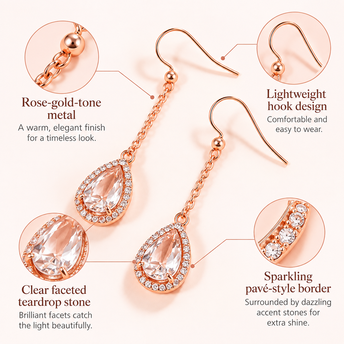 Awabeta® Rose-Gold-Tone Teardrop Crystal Drop Earrings