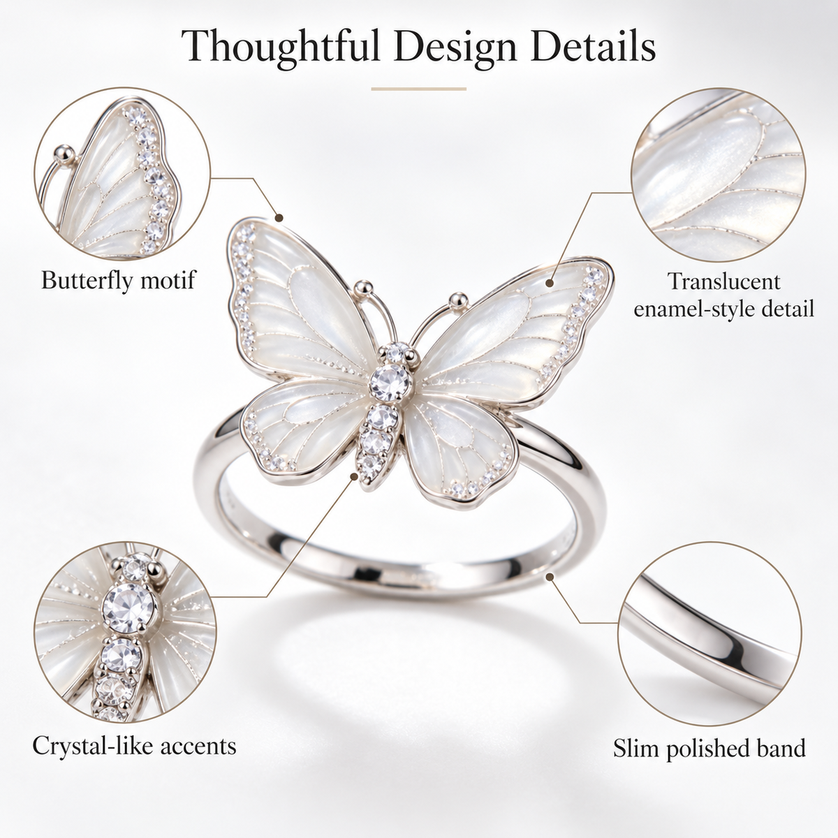 Awabeta®  Silver-Toned Translucent Enamel Butterfly Women's Ring