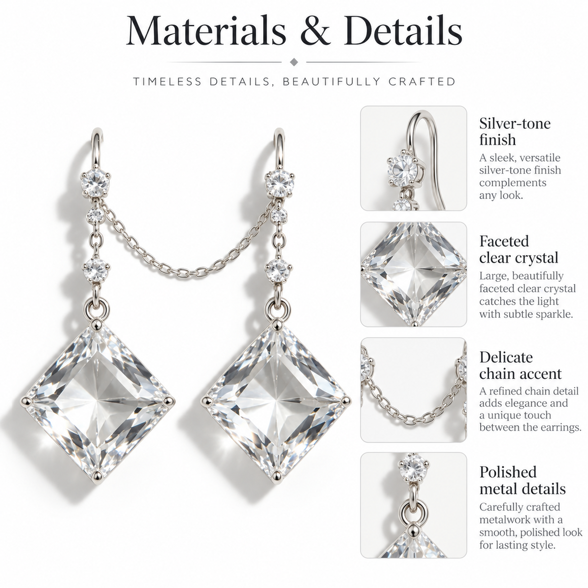 Awabeta® Silver‑Tone Linked Square Crystal Drop Dangle Earrings For Women