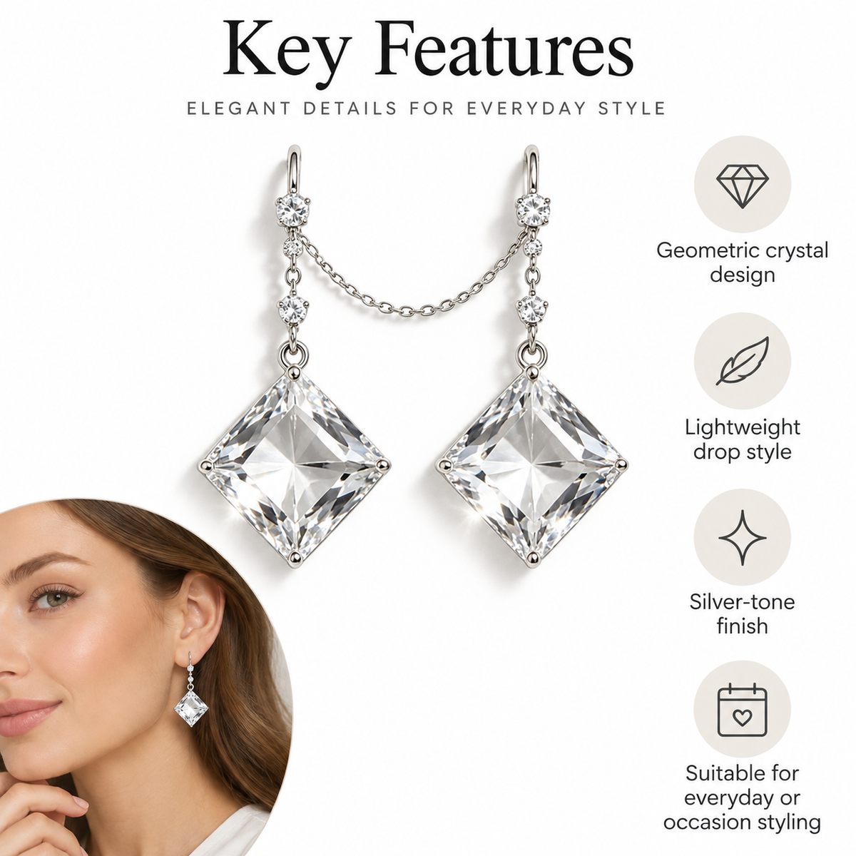 Awabeta® Silver‑Tone Linked Square Crystal Drop Dangle Earrings For Women