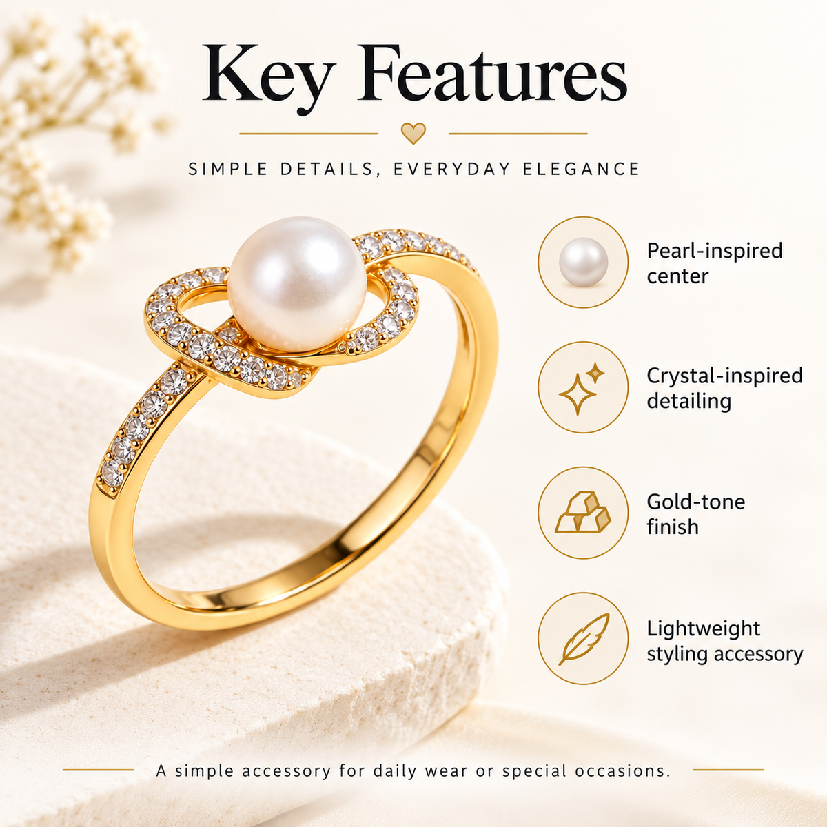 Awabeta® Gold-Tone Faux Pearl Ring with Crystal Accents