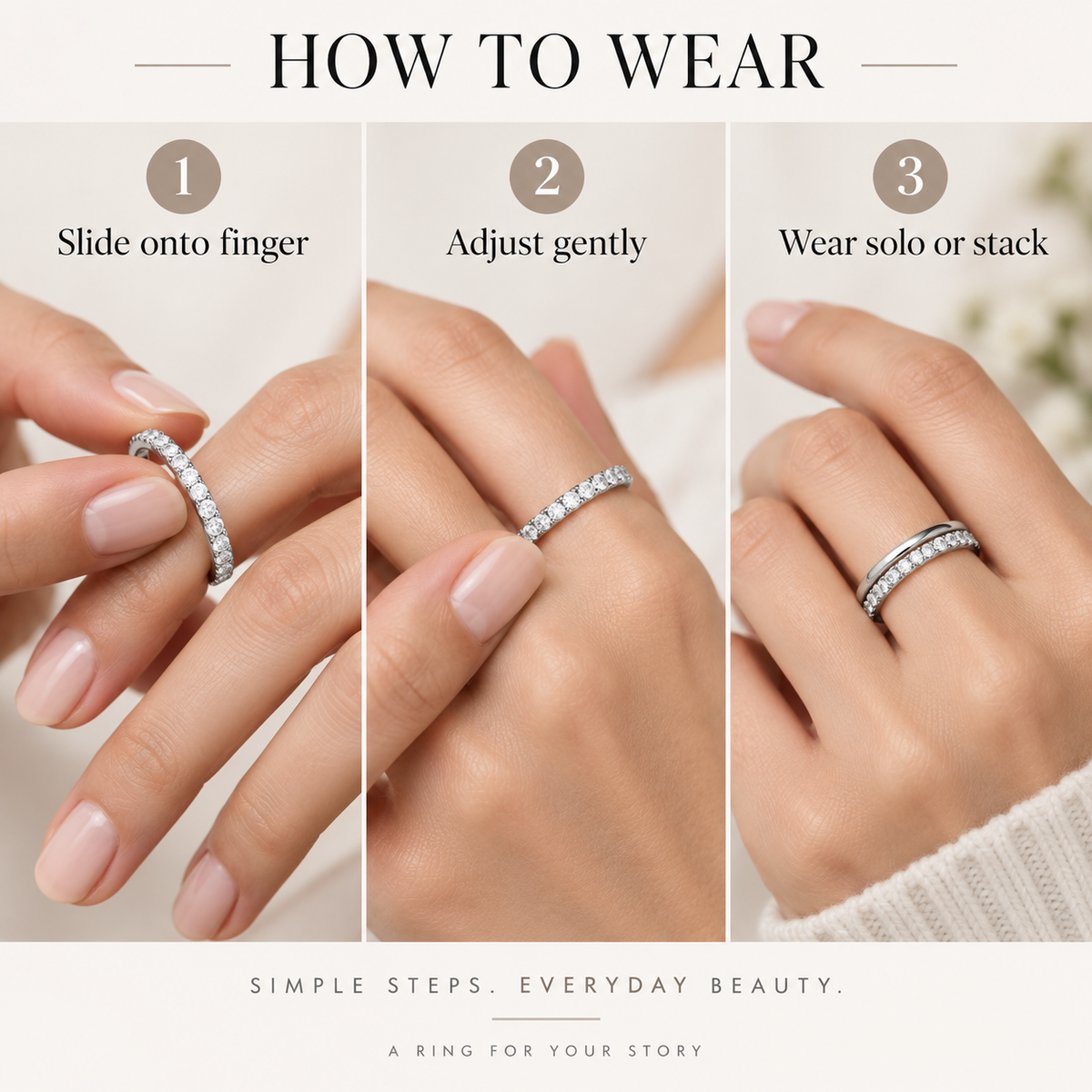 Awabeta® White‑Tone Slim Stackable Eternity Band Ring