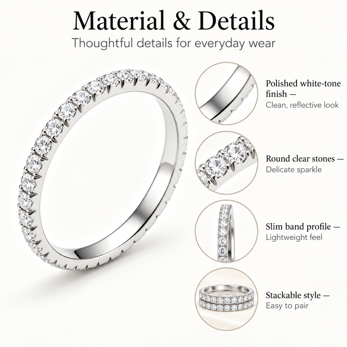 Awabeta® White‑Tone Slim Stackable Eternity Band Ring