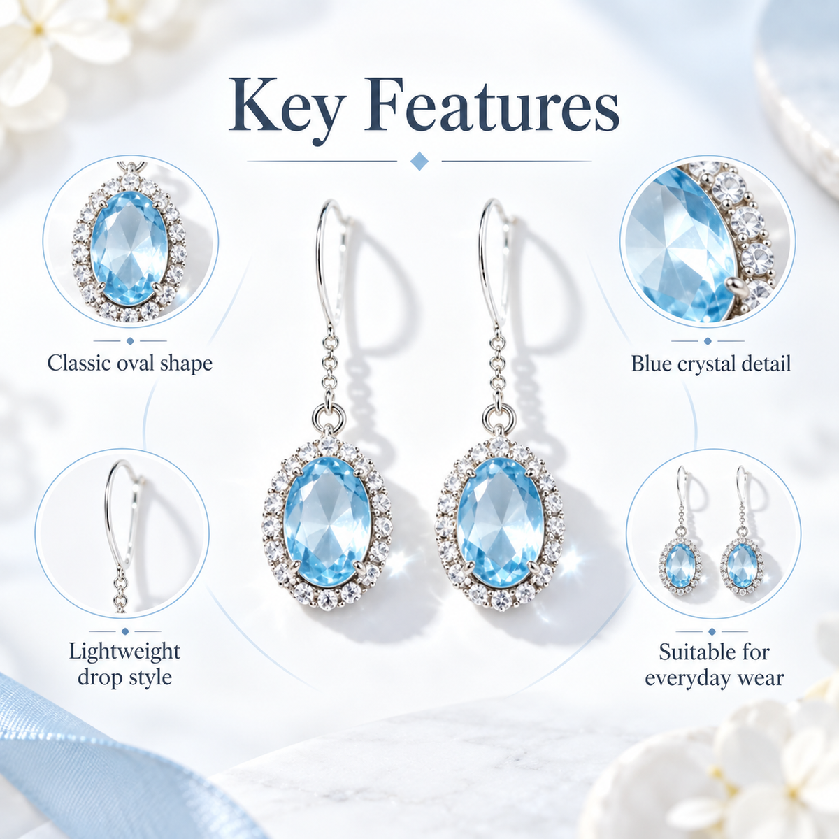 Awabeta® Silver-Tone Oval Blue Crystal Drop Earrings
