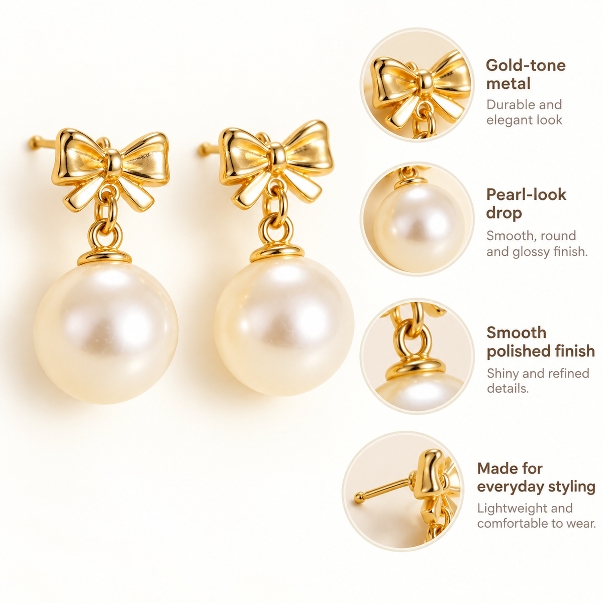 Awabeta® Gold‑Tone Bow Faux Pearl Drop Stud Earrings