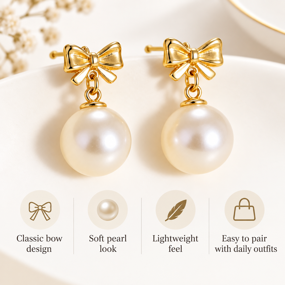 Awabeta® Gold‑Tone Bow Faux Pearl Drop Stud Earrings