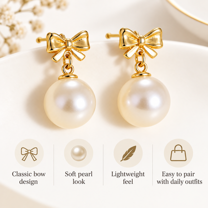 Awabeta® Gold‑Tone Bow Faux Pearl Drop Stud Earrings