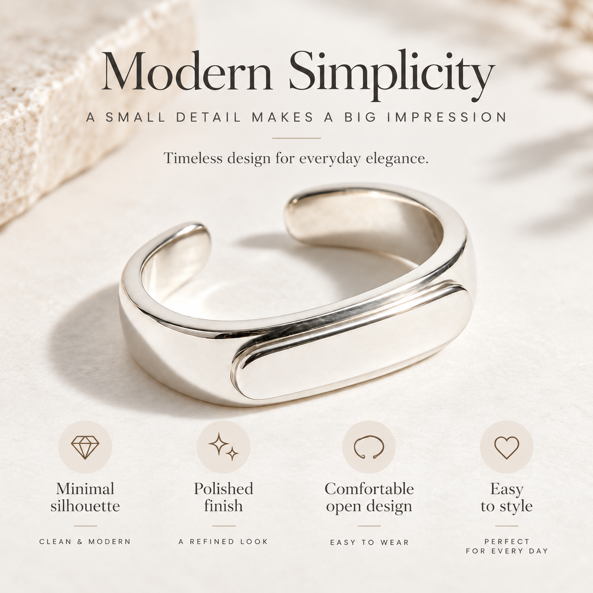 Awabeta® Silver‑Tone Minimal Open Cuff Adjustable Ring