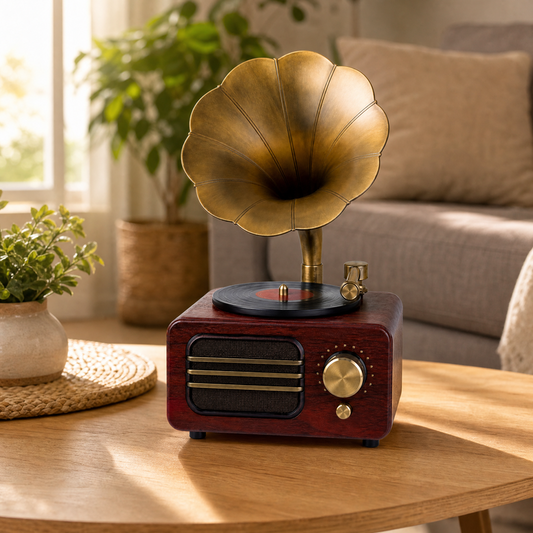 Vintage Gramophone Desk Decor – Retro Record Player Ornament for Home Office Shelf Decoration