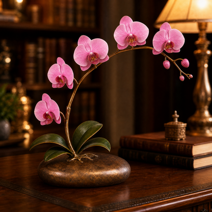 Pink Orchid Desktop Ornament | Realistic Artificial Flower Decor | Office, Study & Living Room Accent Decor for Home & Office