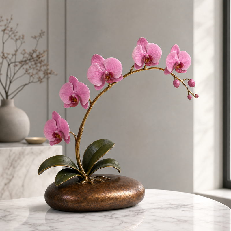 Pink Orchid Desktop Ornament | Realistic Artificial Flower Decor | Office, Study & Living Room Accent Decor for Home & Office